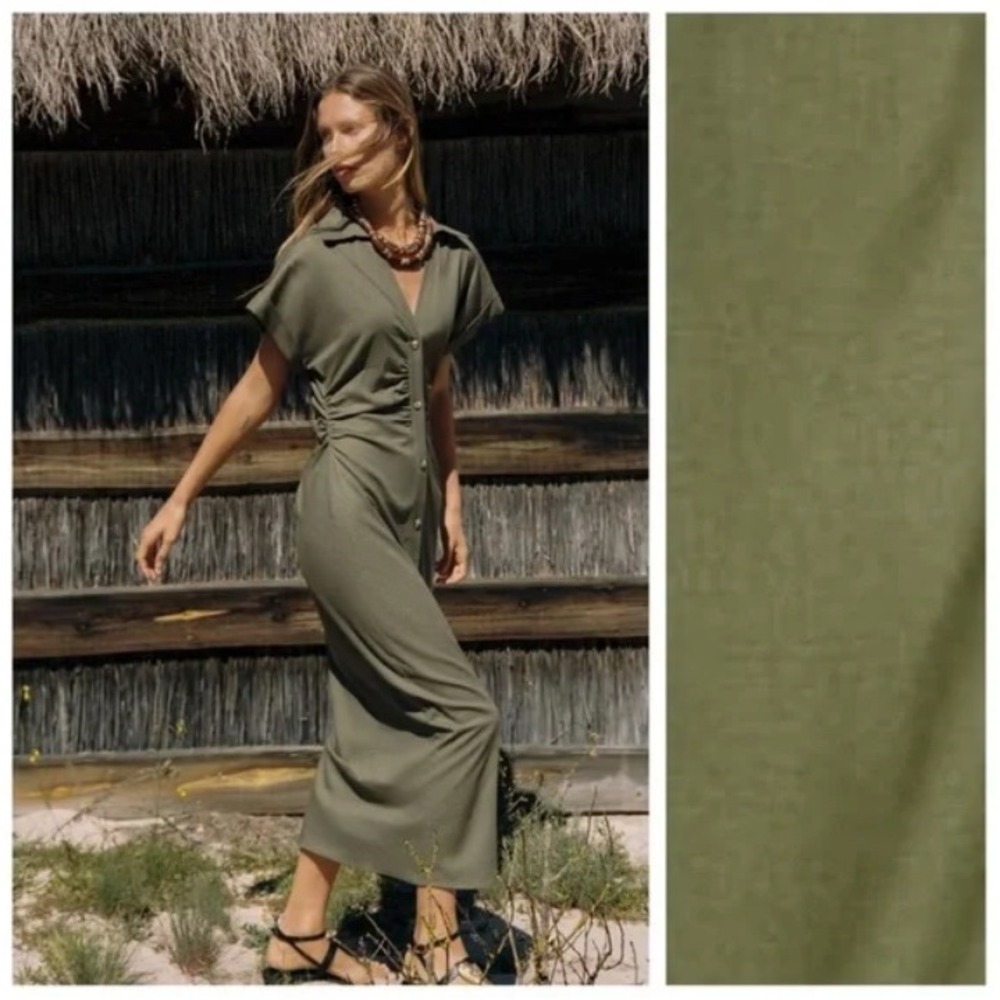Zara Dress Midi Maxi Shirtdress XS Olive Green Ruched Linen Safari Vacation Boho